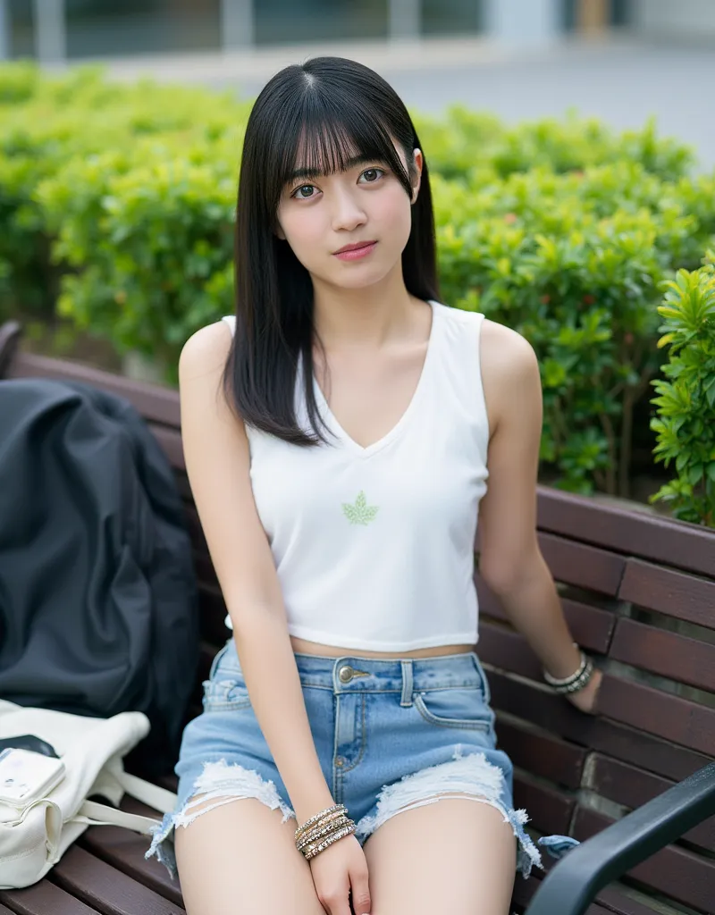 Hiraho, High-angle, close-up view of a young woman with long, dark hair and bangs, with her hair is styled in a sleek, straight look. Here's a breakdown of the details: * **The Woman:** She is the central focus, occupying most of the frame. Her figure is v...