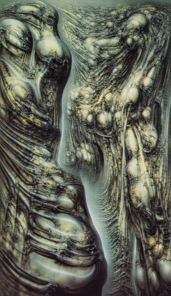 Please reproduce the original image as accurately as possible, capturing the intricate details of the biomechanical structures, the dramatic lighting, and the overall sense of unease. Find and enhance depiction of Giger's demons and creatures.(best quality...