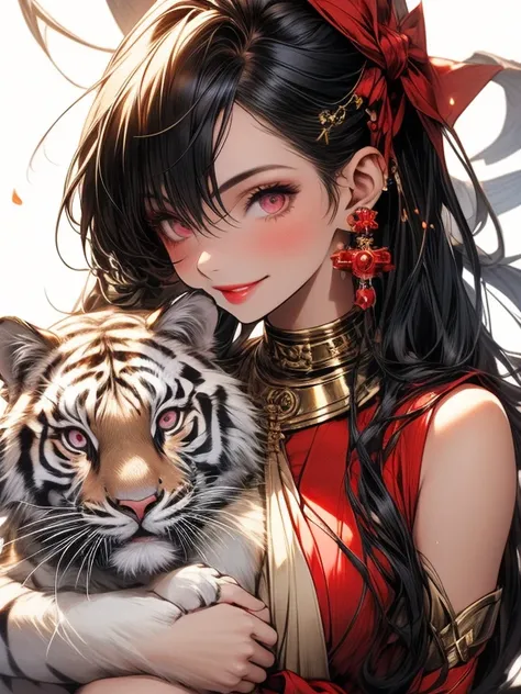 1 girl,  chubby figure　 glamour figure 　fat　 black hair　long hair　 Long Sleeve　gold and red earrings　long lashes for muscular body, seductive smile by Kokusugu,  cheeky face, pink eyes,  red lips,  pale blush, white tiger holding a tiger　Embrace a tiger　hi...