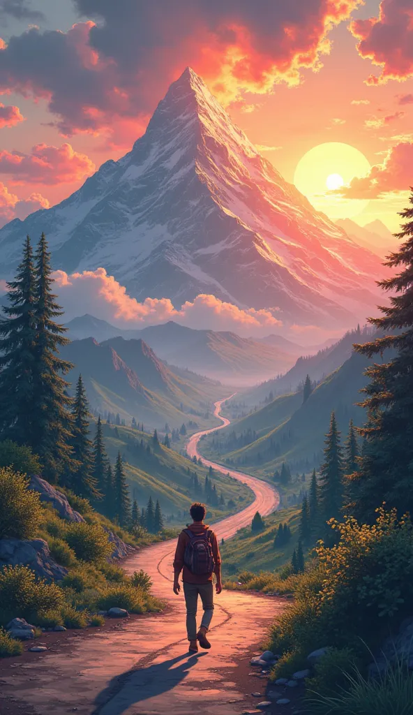 s hitting the road towards a mountain and at the summit of that mountain there is sunset. Image in 3D anime