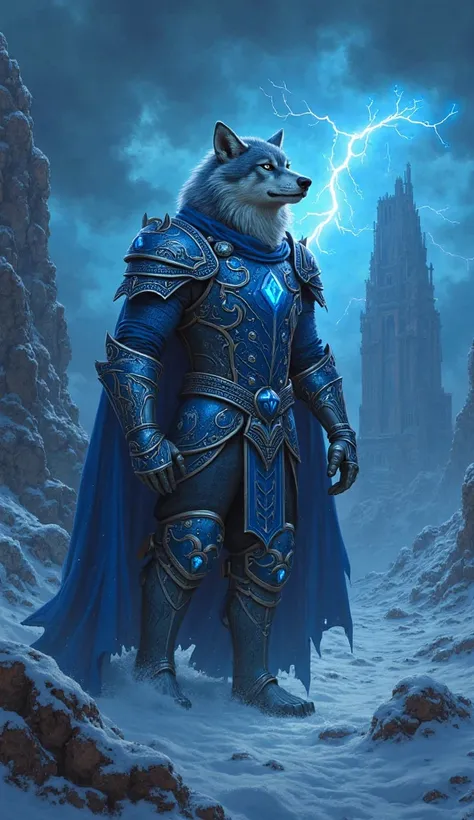 A majestic, battle-hardened wolf stands tall on its hind legs, clad in intricately designed Sapphire Knight Armor. The armor is adorned with glowing blue gemstones, their radiance casting an ethereal glow over the metallic plating. Sharp, engraved edges re...