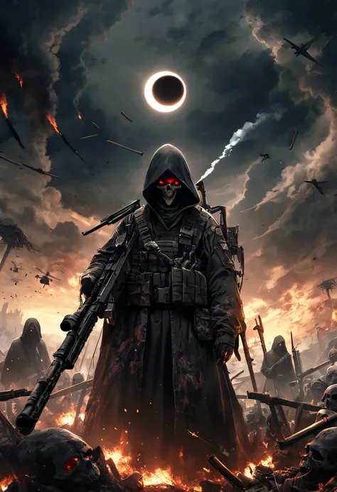           horror,   raw photopy        ,   red eyes，DELTA ARMY      ，        machine gun，     machine gun，２ DIN Handgun          ，  A Kind of Reaper,            The End of the World            , symbol of destruction, destruction, Dark Fantasy,cigarette,  ...