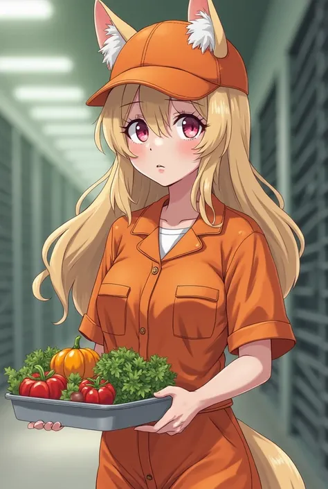 the adult prisoner fox women, light blond long wavy hairstyle, pink her eyes, orange prison jumpsuit, orange baseball cap, She was carrying a Vegetable salad and boiled pumpkin in personal tray of food and was walking to the dining table in the prison cafe...