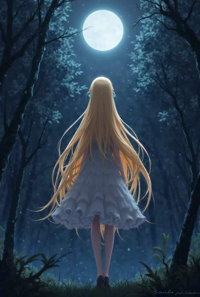 score_9, score_8_arriba, score_7_arriba, source _animated, surreal, 1 girl, kpop girl, skinny girl, anime girl, animated girl, night scene, glowing golden hair, very long hair, light blue eyes, fantasy angel, magical, dark forest, dark night, looking at th...