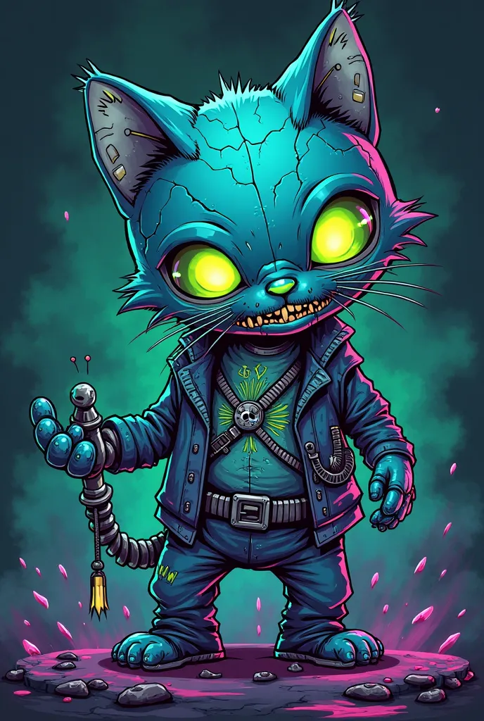 Dark streetwear-style cartoon design featuring a blue cat robot zombie with flaming green eyes and a creepy expression. His body was full of cracks, parts of his face were torn off showing a mechanical skull inside. His magic pouch was torn off, pulled out...