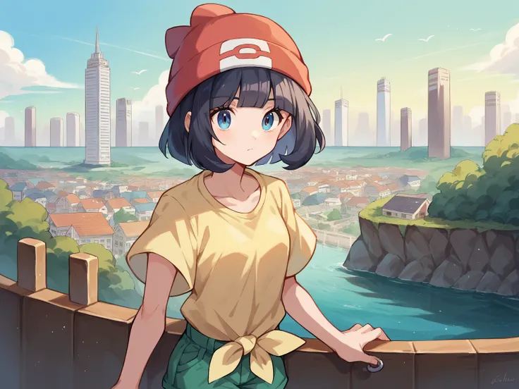 Score_9, Score_8_up, Score_7_up, Source code_Japanese cartoon,
Pokemon Seals, Pokemon Seals,  dark hair, blue eyes,  short hair,  bangs, blunt  bangs,
beanie, clavicle, green  shorts, have, Red headdress, shirt, Short sleeve,  shorts, tied shirt, yellow sh...