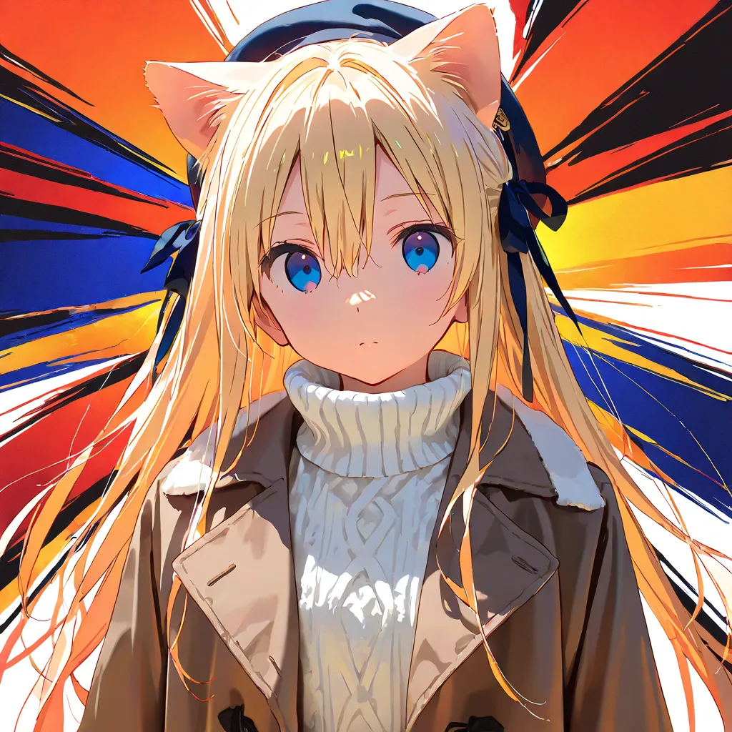 masterpiece, best quality, 1girl, long hair, hair between eyes, blonde, blue eyes, with blonde cat ears, no human ears, 15-year-old, hair ribbon, hat, coat, sweater, white background, hyper detailed, anime, (hard-edged:1.4), golden ratio, (highly saturated...