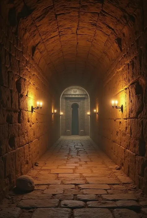 Prompt: "A hidden underground tunnel beneath the Great Sphinx of Giza, illuminated by the faint glow of ancient torches. The walls are covered in lost hieroglyphs and mysterious symbols. Dust and cobwebs fill the air, with an ancient stone door at the end ...