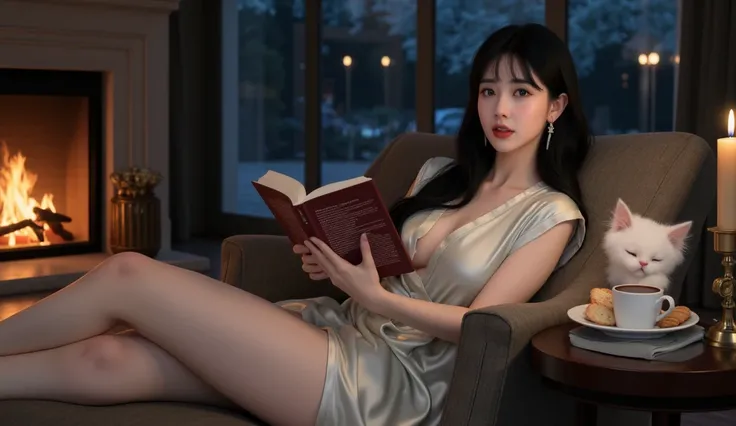 A stunning Korean woman with glowing skin, big breast, sexy, GREAT, with long straight black hair with bangs, blue eyes, piercing gray eyes, thick red lips with lip-gloss, she wears a short black silk robe, unfolded in front, barefoot, she is lying on a co...