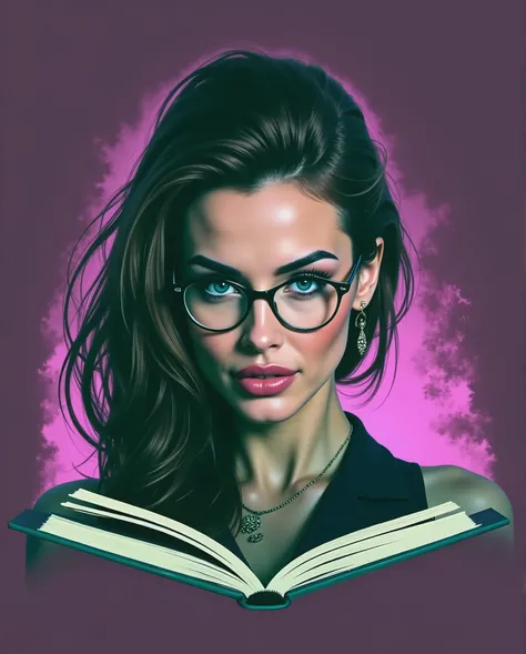 Cinematic photo of a 50-year-old woman, she is a brunette, glasses, big breasts, décolleté,