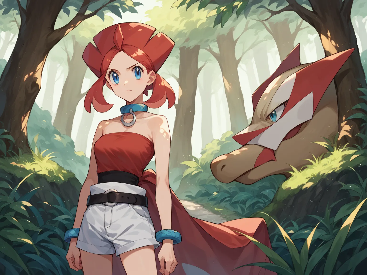 Score_9, Score_8_up, Score_7_up, Source code_Japanese cartoon,
 Pokémon ,  Pokémon , blond, blue eyes,  hair between eyebrows, Medium length hair,
 Bracelet, have, Jewelry,  collar, Red headdress, red shirt,   belt , shirt,  shorts,   strapless ,   straple...