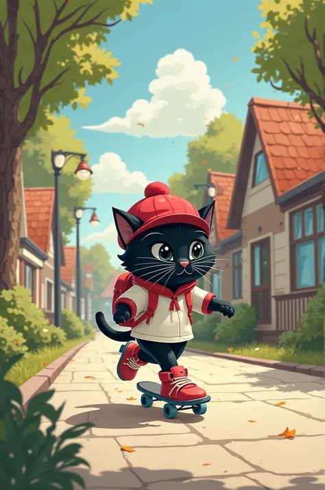 A little black cat skates to school on the street in the neighborhood, wearing a white shirt and a red hat.