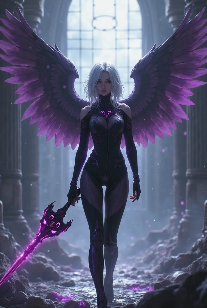 "4K anime style quality, digital drawing mode, a dark and enigmatic fallen angel with white hair and piercing eyes, wearing a sleek black and purple bodysuit, standing in the ruins of a celestial temple now consumed by shadows, full body, imposing and mela...