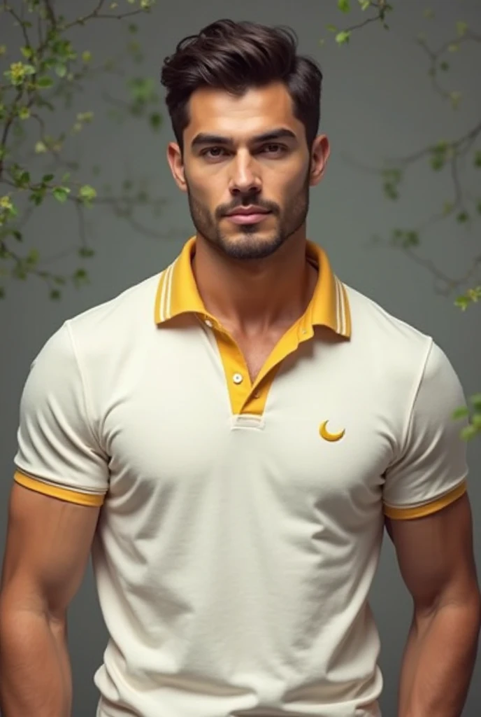 A sexy man is wearing a white polo shirt with a golden yellow collar, a white stripe and a gold handle border 