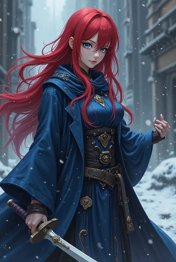 Create an image of an adult female anime character with heavy blue coat with red hairs and dark blue eyes holding a sword