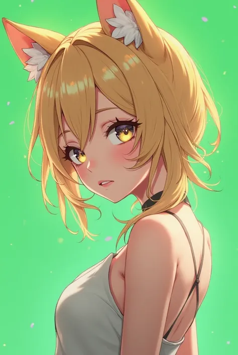 
make me a human character with cat ears with golden hair and gold to gray eyes in an anime boy
green screen
