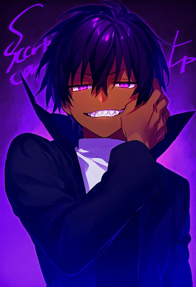  alone, 1 boy, Grim reaper's clothing , dark skinned, sample of teeth , sharp teeth,  evil smile, jitome, villain pose, shiny purple eyes,  short hair, black hair, purple hair, hand on the face 