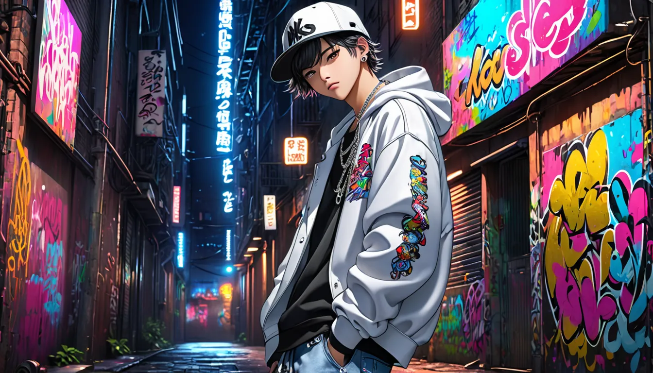 stylish age boy in hip-hop。 oversized hoodie 、loose fit jeans、wearing high-top sneakers。wears a snapback cap diagonally、Silver chain around the neck。looks cool and confident。The background is an urban back alley covered with graffiti。neon light creates a f...