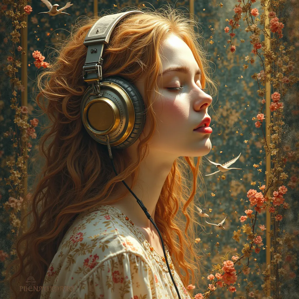 One Girl, unique, has a high resolution, long hair, golden hair, Close your eyes, Headphone,  lines of movement ,  Decorative Arts ,  eternal expressionism , best quality, 