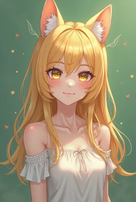 
make me a human character with cat ears with golden hair and gold to gray eyes in an anime boy green screen
