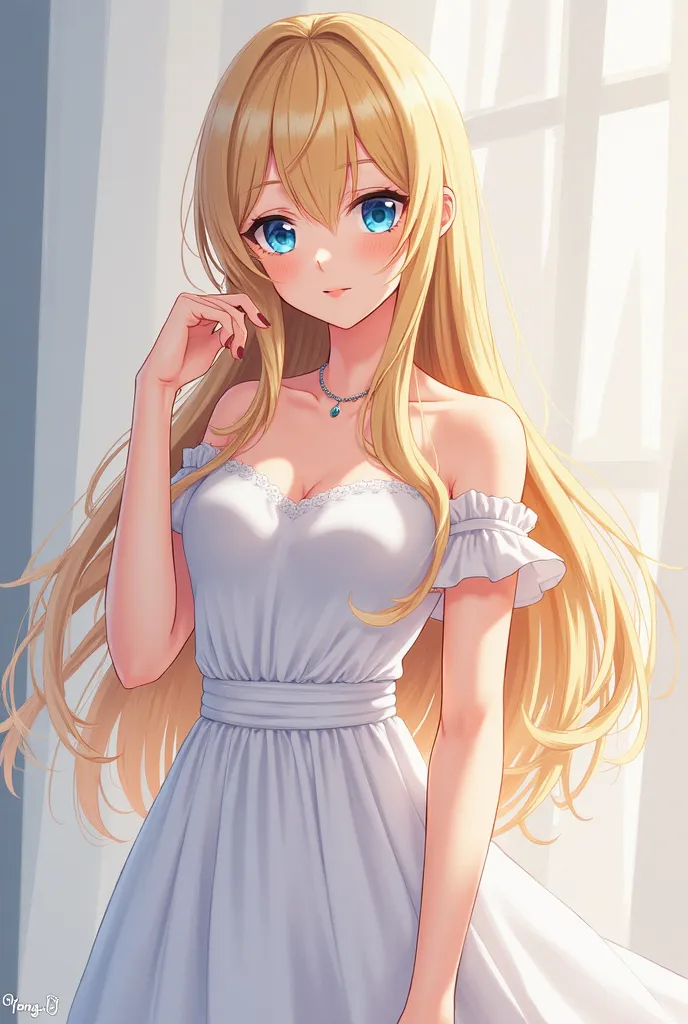 anime girl with long blonde hair and blue eyes wearing a white dress, digital art by Yang J, trending on cg society, digital art, beautiful anime girl, blonde anime girl with long hair, beautiful anime portrait, beautiful anime style, beautiful anime face,...