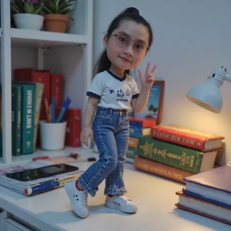 A highly detailed 3D-rendered super-realistic image of a miniature figurine of an Indonesian woman with long hair tied in a ponytail, wearing a Chelsea FC football jersey, long jeans, and sneakers. She is posing playfully with one hand on her waist and the...