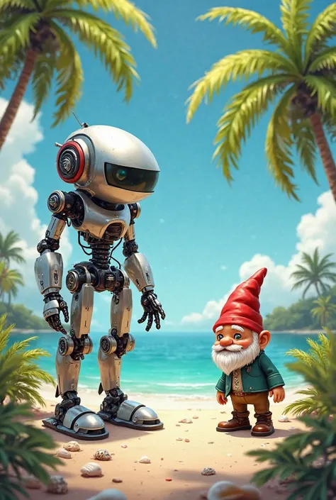 Drawing of a robot and a garden gnome on a deserted island 