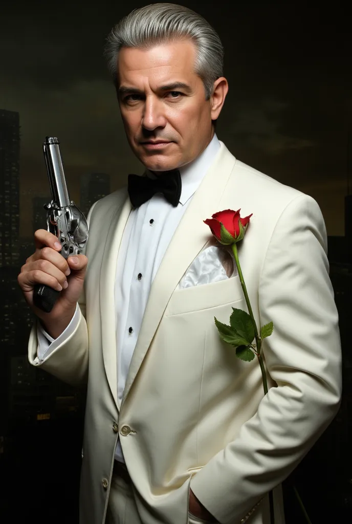 A hyper-realistic, noir-inspired portrait of a dignified, middle-aged man with a chiseled face, silver grey hair combed back, and piercing brown eyes, wearing a crisp, white tuxedo with a subtle sheen, complete with a bow tie and cuffs, holding a sleek, si...