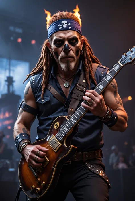 A man, middle-aged, with a skull-like makeup, and reddish-brown dreadlocks, is playing an electric guitar. He wears a navy-blue, studded  leather-style jacket, embellished with gold-colored buttons and a decorative belt.  He has numerous bracelets, rings, ...