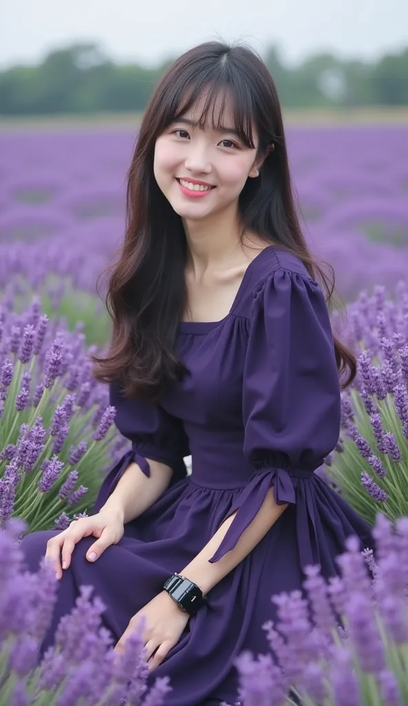 beautiful Japanese girl,  smooth white skin ,  well-groomed face,Top bang hair ,  with Korean bangs , ,is wearing a beautiful dress, Eggplant dark blue knee-length,left and right sleeves with beautiful ribbons,balloon sleeve model, black watch,  white shoe...