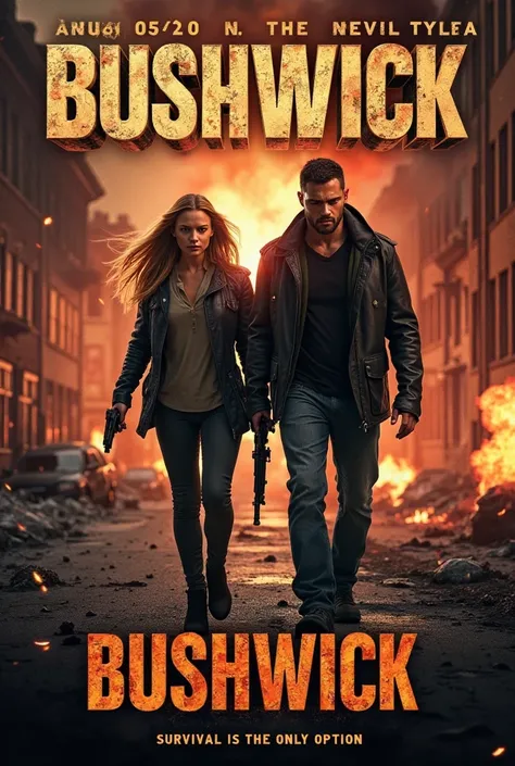 **Prompt:**

"Create a gritty, intense movie poster for *Bushwick (2017)*, featuring the main characters Lucy (Brittany Snow) and Stupe (Dave Bautista) in the midst of a chaotic urban landscape. The central image should show Lucy and Stupe in action, navig...