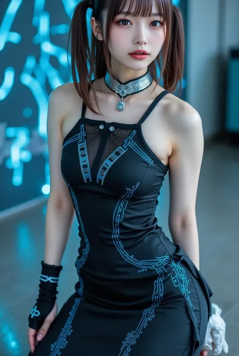 standing on one's knees、 cute and elegant pose, cyberpunk and China dress fusion COSTUMES、（BLACK CHINA DRESS WITH NEON BLUE CIRCUIT PATTERN）、Chinese dress collar、Sleeveless Design 、High leg side slit、slim fit silhouette、neon blue edge line、（bodice and skir...