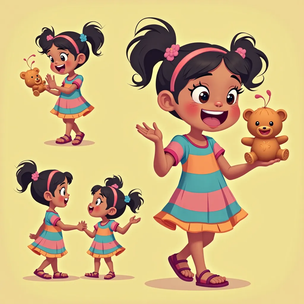 Appearance:

An  girl with two cute pigtails and a hairband.

Wearing a colorful frock and sandals.

Holding a small teddy bear in one hand.

Expression:

A big, playful smile with a mischievous glint in her eyes.

Looking at the UFO stall with excitement ...