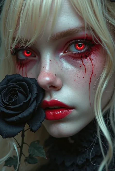 Close-up of a red-lipped red-eyed blonde, pinkish white skin around is black rose