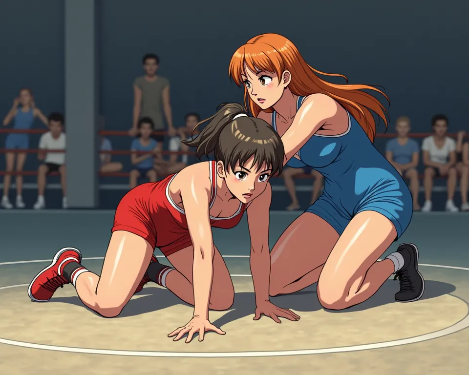 ultra detail, anime. Match from the eighties . a female in a red freestyle wrestling singlet is on all fours in the center of the mat, and a female in a blue freestyle wrestling singlet is holding it from behind