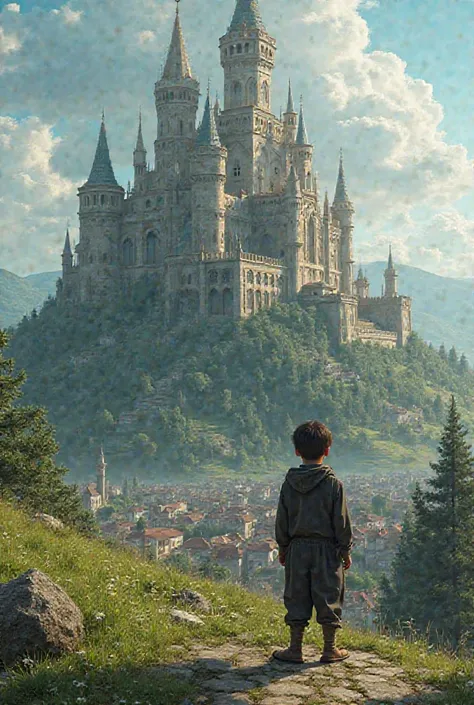  A  boy with white skin and wide black eyes stands in front of a beautiful castle on a hill in the village of Mashhad in the middle at the gate of the castle. A cinematic fantasy