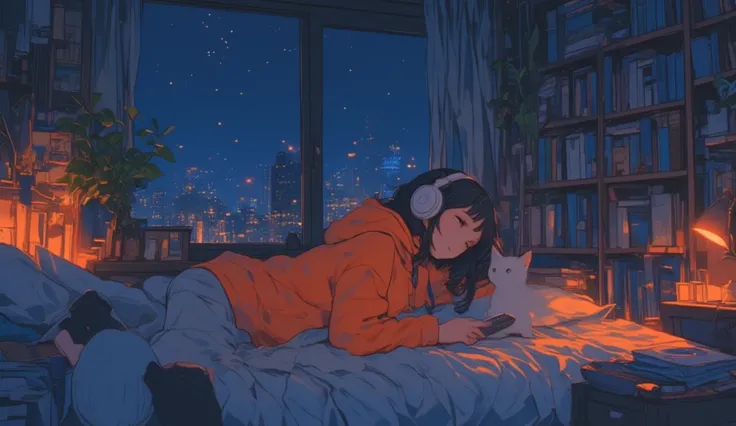  The image is an illustration of a 1girl, black hair resting on a bed in a bedroom. She is wearing a orange hoodie. She is wearing a pair of white headphones. The headphones are resting on her head, and she is holding a smartphone in her hand. The room is ...