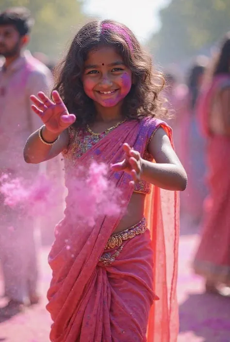 Playful Holi Celebration Pose
"A beautiful Indian girl draped in a lightweight chiffon saree, dancing in the middle of a Holi celebration. Her saree is partially drenched in color, and she has a mischievous expression as she throws a handful of pink and pu...