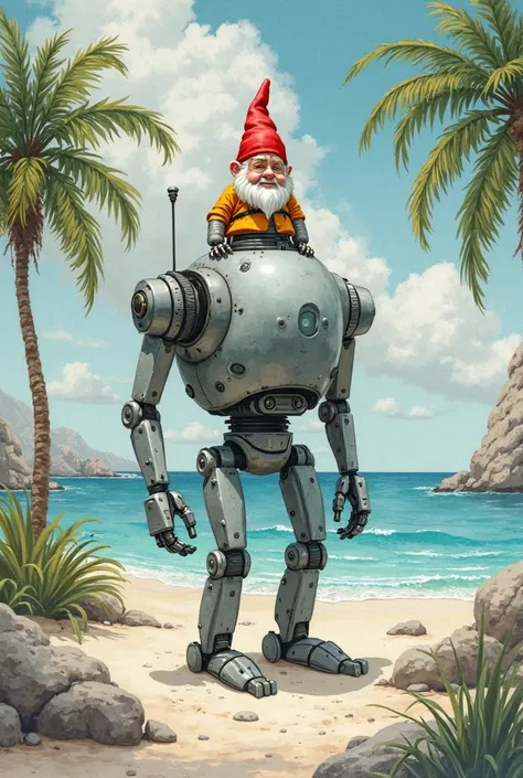 Watercolor illustration of a garden gnome on the shoulders of a robot on a deserted island 