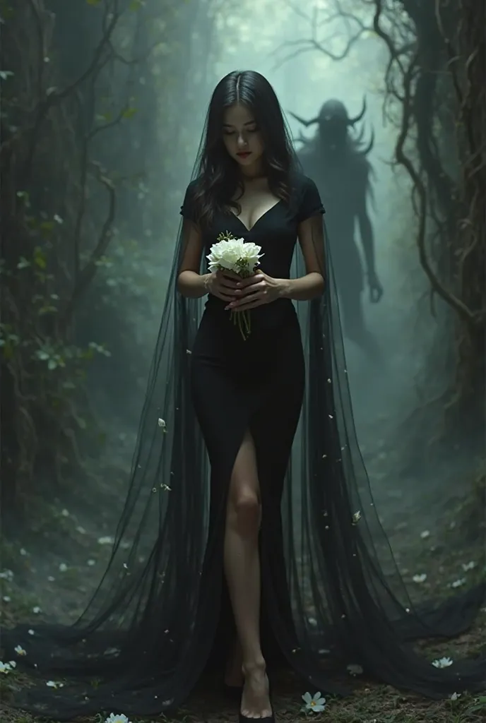 Girl with short bodycon full sleeve having black long veil and white roses in hand wearing black high block heels with demon or some evil black creature that matches the vibe