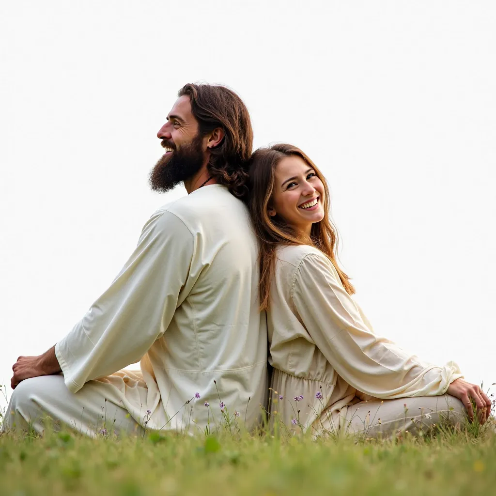 A  from England is sitting on the grass, smiling in front of the camera, she and the Lord Jesus are back to back, you can see the back of Jesus, the girl is leaning on the back of Jesus, white background