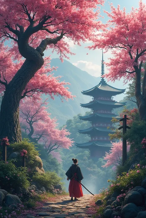 High-quality 4K artwork depicting a vibrant and dramatic Japanese landscape. The scene showcases iconic weapons such as katanas, naginatas, or yumi bows, integrated into the environment as symbols of history and tradition. Towering cherry blossom trees in ...