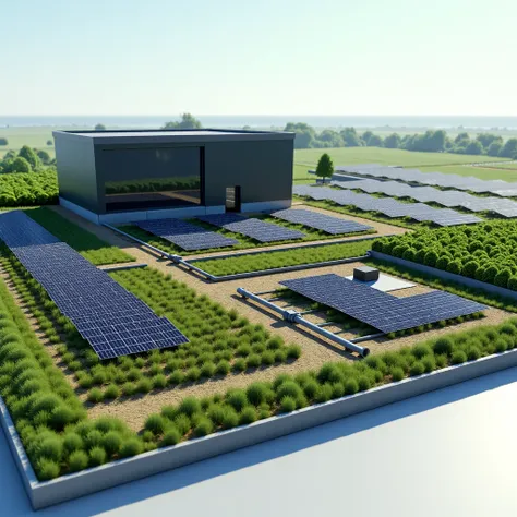 Irrigation system of fields with solar modules on the ground, wires from the solar modules to the pump, pipes from the pump to the water tank, the water tank in the form of a pool for storing water, photorealistic, highly detailed, 4k, HDR, physically accu...