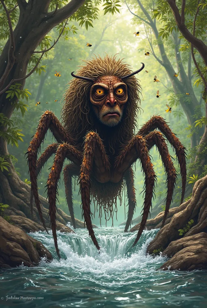 Anansi emerging from the stream, dripping wet and covered in bee stings, with a regretful expression on his face"