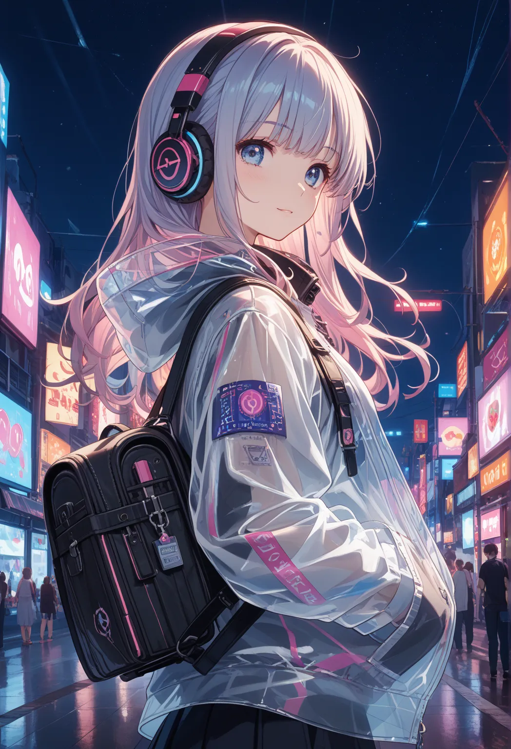 Pixiv, Super Detail, Harajuku Fashion, futuristic fashion,  Anime Girl, headphones, Colourful reflective lining, Transparent PVC jacket, backpack --ar 2:3