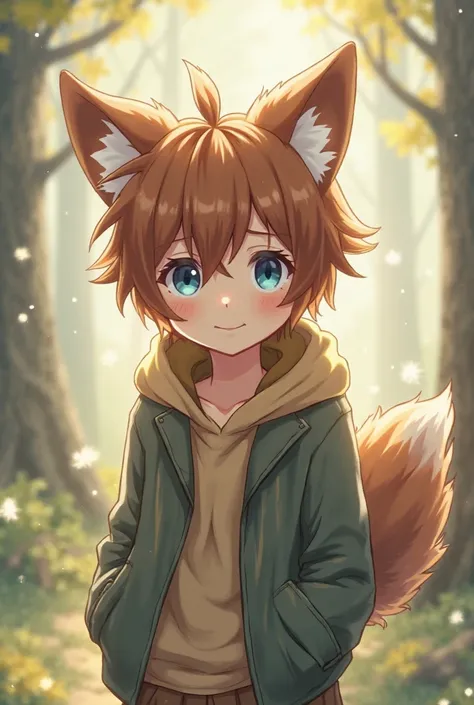 Anime Boy with brown hair and blue eyes with brown wolf ears and tail