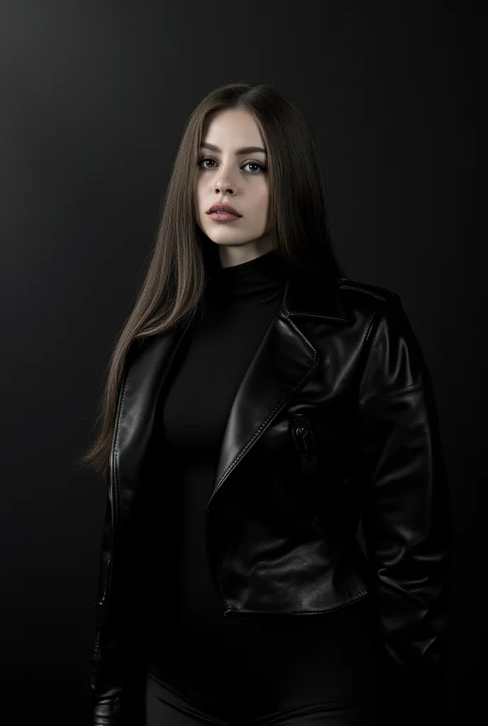 RAW Photo of Sports Evil Queen of Darkness, pale skin, (long light brown straight hair),  A striking studio portrait of an slavic woman, ominous vibe, black mist, Elegant Sophisticated Fashion Pose, dressed in stylish modern black leather clothes, Nikon D8...