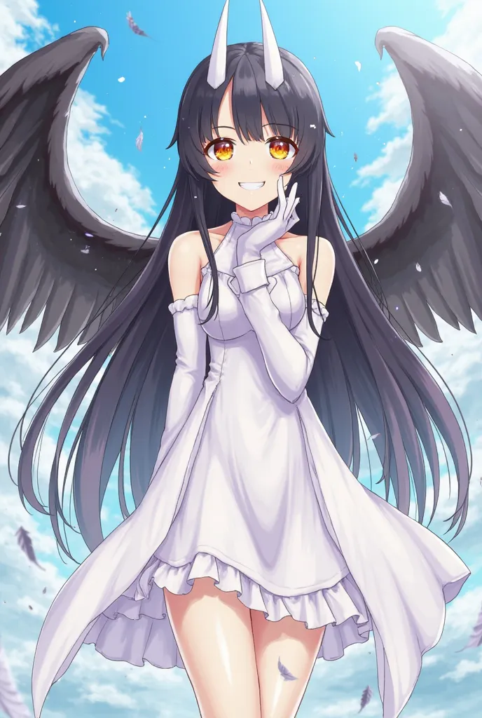 albedo \(overlord\), 1 girl, solo, black hair, very long hair, white horns, yellow eyes, slit pupils, light smile, masterpiece,best quality,amazing quality, white gloves, white dress, detached collar, lower wings, black wings, sky, ((clouds)), glory, full ...