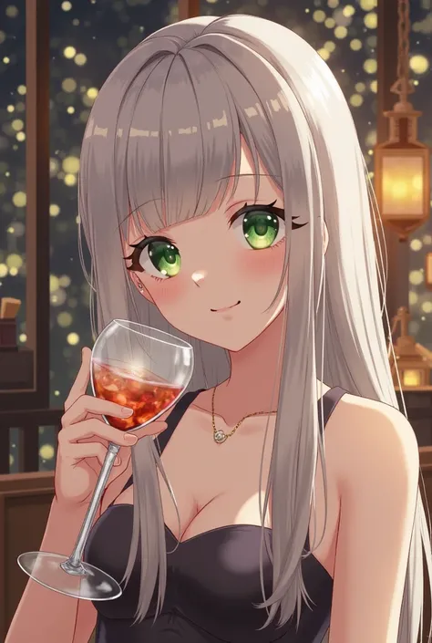 1 japanese girl ,(big eyes:1.0) ,green eyes ,silver hair ,straight hair ,long locks ,elegant ,sashy ,noble ,smile ,looking at viewer ,tiny earrings ,necklace ,evening dress ,cocktail party ,holding a cocktail glass ,night ,bokeh ,score_9 ,score_8_up ,score...