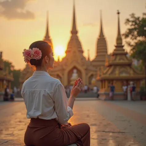 Create a  distance view of an image of a Myanmar lady:
Tall, fair skin, fair skin, round face, beautiful eyes, Burmese thana waxed hair, knotted hair, a rose flower on her head, wearing a white Burmese rinphone shirt and a brown tmein, 25-year-old girl sit...